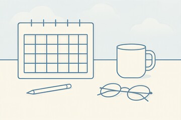 Minimalist office workspace featuring a blank calendar notebook a coffee cup reading glasses and a pen symbolizing productivity and organization in a serene environment