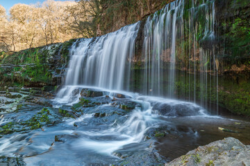 Sgwd Isaf Clun-gwyn in Waterfall Country, a waterfall in the Brecon Beacons national park, south Wales, UK