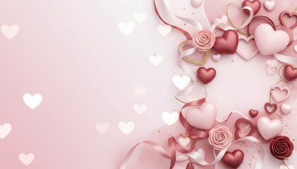 Romantic hearts and ribbons decoration for valentine's day celebration soft pink background graphic design whimsical environment close-up view love concept for festive joy