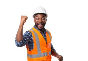Jubilant construction worker celebrating success isolated on transparent background