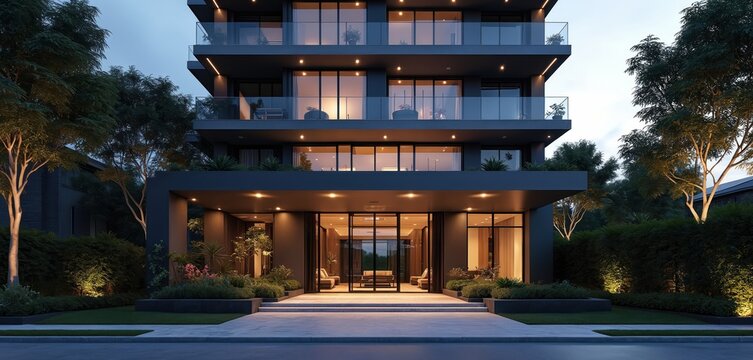 Modern apartment building exterior at dusk with illuminated entrance and balconies. Sleek design, upscale residence, urban living, twilight ambiance, architectural detail.