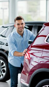 Bright showroom scene with a customer inspecting a red suv, indoor lighting highlights the gloss, hands on rear panel, focus on build quality, design details, paint texture, vehicle display