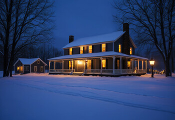 Snowy wooden house at twilight, lanterns glowing near porch