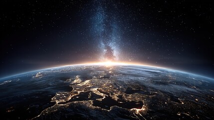 Realistic Earth Planet at Night with European City Lights and Stars, Space Telescope Imagery Style for Astronomy and Educational Design