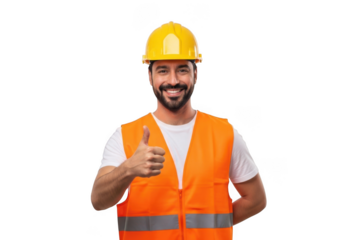 Smiling construction worker giving thumbs up isolated on transparent background