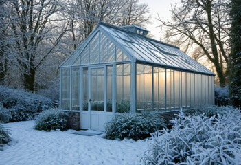 Snow-covered greenhouse, winter garden inside visible