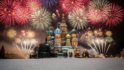 Vibrant fireworks explode over St. Basil's Cathedral in Moscow
