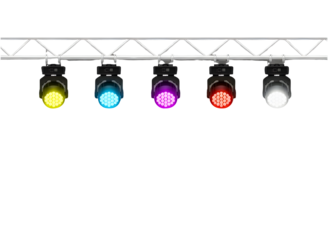 Five stage lights in different colors on a metal truss isolated on transparent background