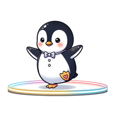 Obraz premium Cute penguin wearing a bow tie stands on a colorful platform