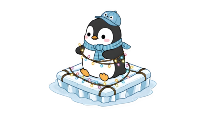 Adorable penguin wearing a hat and scarf sits on melting ice block wrapped with Christmas lights