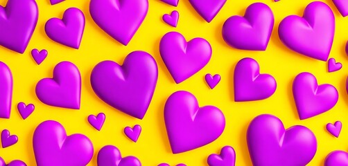 Seamless vibrant purple hearts on sunny yellow background,  digital,  backdrop