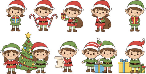 Santa, Elves, Snowman, Reindeer, and Festive Holiday Toy Train Illustrations Set.