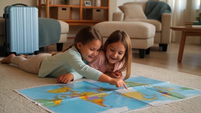 Two young girls eagerly studying a world map, envisioning their next travel adventure. A luggage and comfortable furniture in the background, a cozy ambiance Stock Video