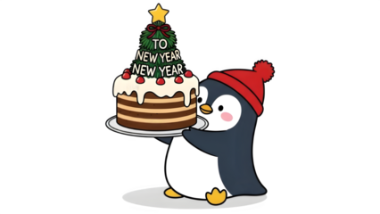 Penguin holds festive cake with Christmas tree on top celebrating New Year