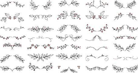 Hand-Drawn Holly and Berry Dividers Set, Christmas Sketched Wreaths, Line Art Winter Flourishes, and Decorative Nature Border Elements.