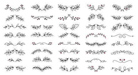 Hand-Drawn Floral Dividers and Ornaments Set, Vector Sketched Flourishes, Berry Wreaths, and Nature Borders for Invitation Design and Decoration.