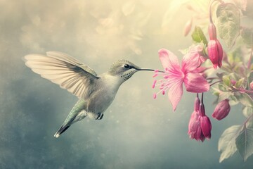 Naklejka premium Hummingbird and Fuchsia Flower