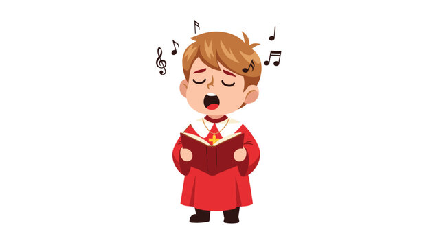 Young choirboy passionately sings from a hymnal with musical notes floating around him, showcasing religious devotion and youthful expression.