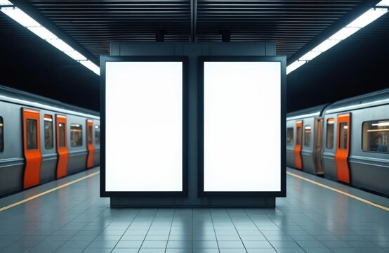 Two blank vertical billboards stand on a subway platform next to a train. Urban advertisement space inside metro station or mall. Mockup for commercial promotion.