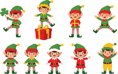 Set of Playful Cartoon Elf Boys in Various Poses Holding Shamrock and Gifts Vector Illustration for Holiday and St. Patrick's Day Designs.