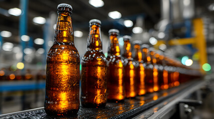 Bottles of beer on an assembly line in a brewery during production