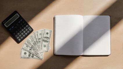 Flat lay of calculator, money, and notebook on a wooden table with sunlight.
