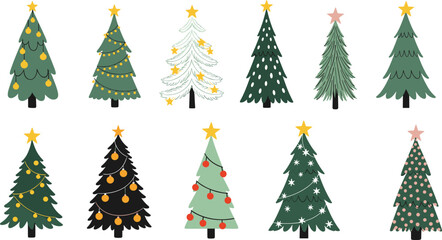 Set of Ten Stylized Christmas Trees Vector Illustration with Star Toppers, Lights, and Modern Ornaments for Festive Holiday Designs.