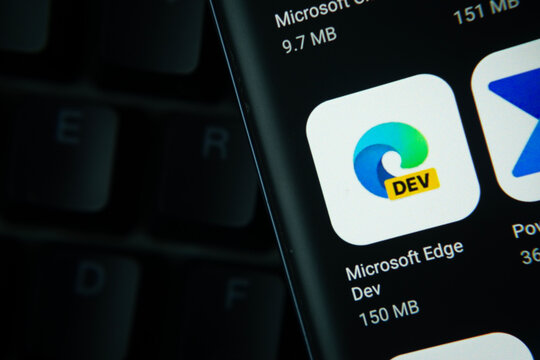 Dhaka, Bangladesh- 27 July 2025: Close-up of smartphone screen showing the Microsoft Edge Dev app icon with a dark interface.