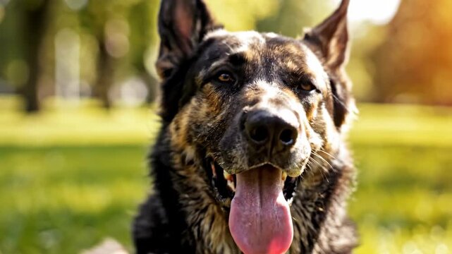 Close up of a beautiful German Shepherd dog with a brindle coat panting in a park on a sunny day.