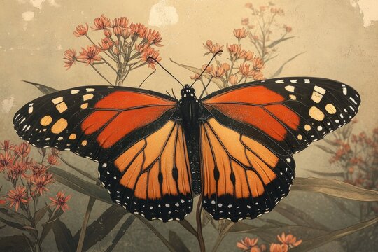 Monarch Butterfly and Flowers Illustration