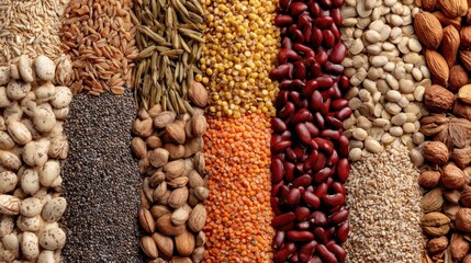 Fototapeta premium A beautiful collection of various grains seeds and nuts displayed in an organized pattern highlighting their textures.