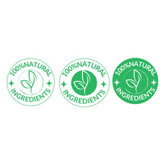 Download 100 Natural Ingredients Badge Designs: Three Circular Variations with Leaf Icon for Product Packaging and Branding