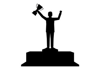 Businessman Holding Trophy on Sport Podium Silhouette. Goal Achievement and Business Success Concept. Vector Illustration.