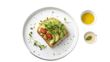 Healthy Avocado Toast with Cherry Tomatoes and Microgreens on White Plate