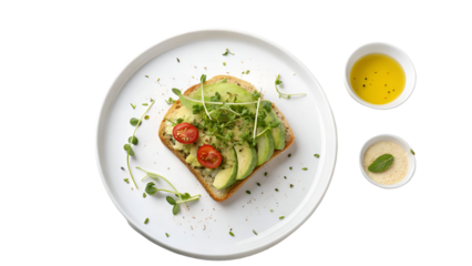 Healthy Avocado Toast with Cherry Tomatoes and Microgreens on White Plate