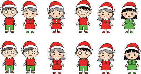 Simple Cute Cartoon Christmas Characters Set in Santa Hats and Festive Red and Green Outfits Vector Illustration for Holiday Kids Designs.