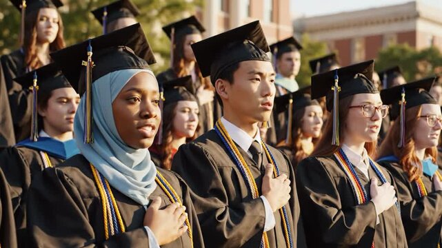Graduates in caps and gowns with their hands on their hearts