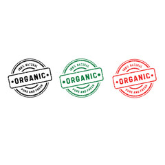 Organic Stamps in Black, Green, and Red - Set of Three Circular Vintage Stamps with 100 Natural Organic Pure and Fresh Text, Distressed Look, Eco-Friendly Design