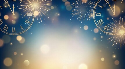 Elegant New Year's Eve or Holiday Background. Golden clocks counting down to midnight with fireworks, bokeh lights, and sparkle effect on a blue and gold festive banner template.
