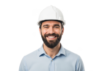Smiling engineer wearing hard hat isolated on transparent background