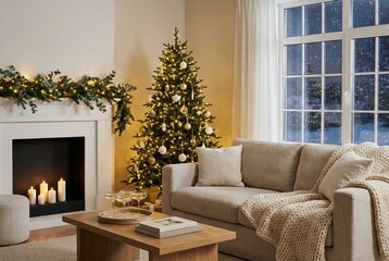 Luxurious, cozy Christmas living room interior, illuminated by a festive tree and fireplace candles, featuring a beige sofa, thick knit blanket, and champagne glasses overlooking a snowy winter night.