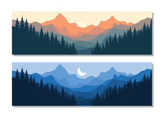 Stunning mountain landscapes with pine trees at sunset and moonlight