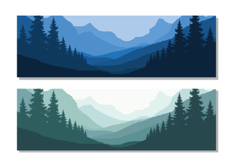 Serene mountain landscapes with pine trees in soothing blue and green hues