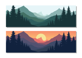 Serene mountain landscapes with pine trees at sunrise and daytime