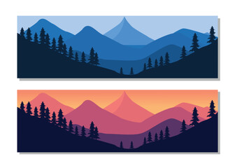 Vibrant mountain landscapes with trees at sunrise and sunset