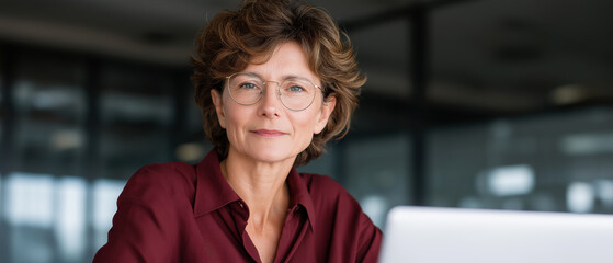 Confident Businesswoman in Office with Laptop and Glasses Portrait
