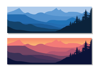 Serene mountain landscapes with trees at sunset and sunrise