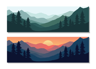 Stunning mountain landscapes with pine trees at sunrise and sunset