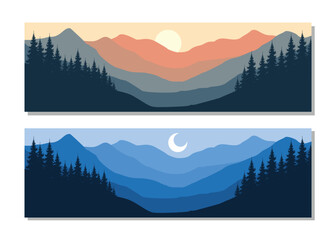 Serene mountain landscapes with sunset and moonlight
