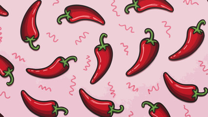 Seamless pattern of vibrant red chili peppers scattered across a light pink background creating a spicy texture